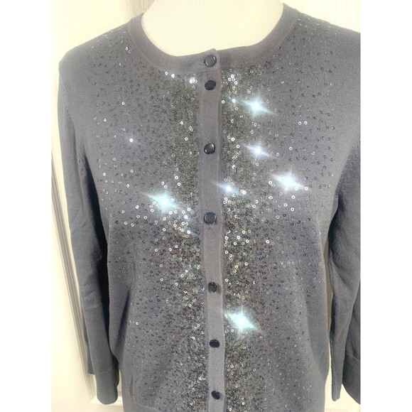 Cable & Gauge Sequin Cardigan Sweater Gray Silver 3/4 Sleeves Womens L - Picture 2 of 9